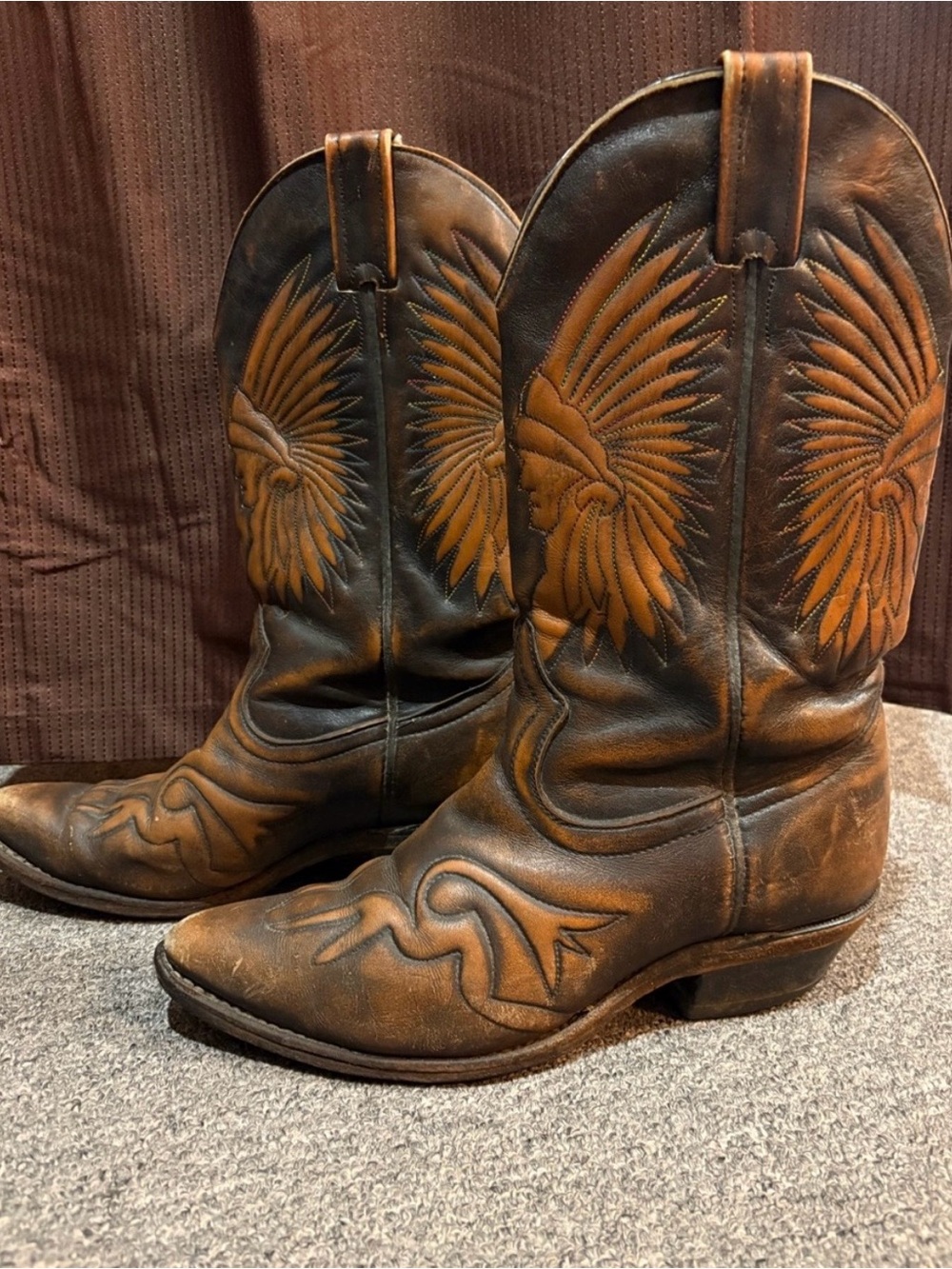 Vintage Boulet - Brown Leather Western Boots with Headdress